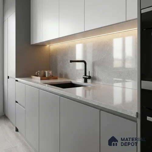 Belina Quartz QR 00279 Mayra Cloud Grey Helsinki Series 10.5 ft x 5.35 ft Quartz - 20 mm | 10 Years and Replacement Warranty | Suitable for Kitchen, Restaurant, Counter Tops, Dining, Reception, office