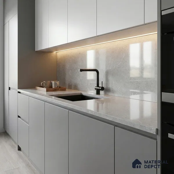 Belina Quartz QR 00279 Mayra Cloud Grey Helsinki Series 10.5 ft x 5.35 ft Quartz - 20 mm | 10 Years and Replacement Warranty | Suitable for Kitchen, Restaurant, Counter Tops, Dining, Reception, office