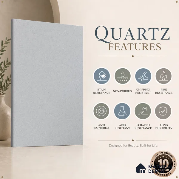 Belina Quartz QR 00279 Mayra Cloud Grey Helsinki Series 10.5 ft x 5.35 ft Quartz - 20 mm | 10 Years and Replacement Warranty | Suitable for Kitchen, Restaurant, Counter Tops, Dining, Reception, office