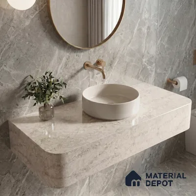 Belina Quartz QR 00281 Calacatta Aurelia Brown Helsinki Series 10.5 ft x 5.35 ft Quartz - 20 mm | 10 Years and Replacement Warranty | Suitable for Kitchen, Restaurant, Counter Tops, Dining, Reception, office