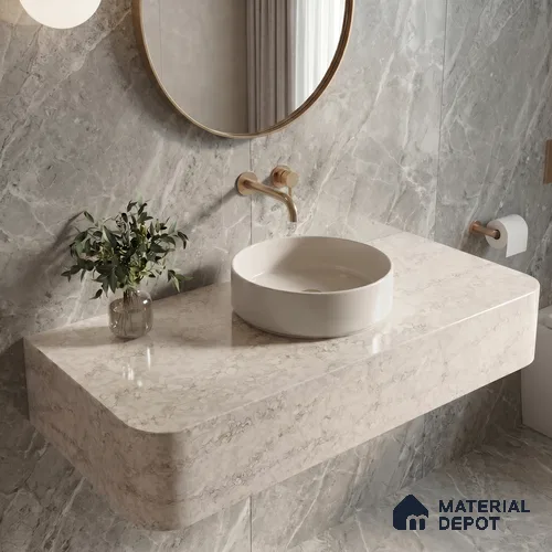 Belina Quartz QR 00281 Calacatta Aurelia Brown Helsinki Series 10.5 ft x 5.35 ft Quartz - 20 mm | 10 Years and Replacement Warranty | Suitable for Kitchen, Restaurant, Counter Tops, Dining, Reception, office