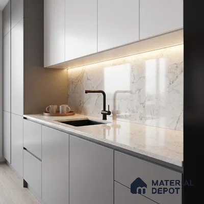 Belina Quartz QR 00281 Calacatta Aurelia Brown Helsinki Series 10.5 ft x 5.35 ft Quartz - 20 mm | 10 Years and Replacement Warranty | Suitable for Kitchen, Restaurant, Counter Tops, Dining, Reception, office