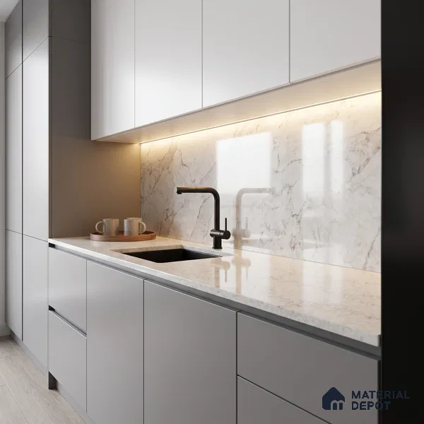Belina Quartz QR 00281 Calacatta Aurelia Brown Helsinki Series 10.5 ft x 5.35 ft Quartz - 20 mm | 10 Years and Replacement Warranty | Suitable for Kitchen, Restaurant, Counter Tops, Dining, Reception, office