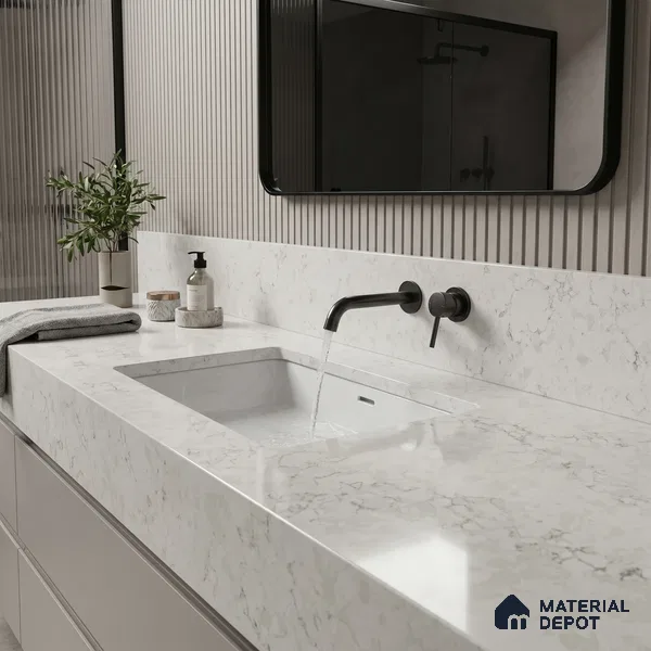 Belina Quartz QR 00282 Calacatta Belluno Grey Helsinki Series 10.5 ft x 5.35 ft Quartz - 20 mm | 10 Years and Replacement Warranty | Suitable for Kitchen, Restaurant, Counter Tops, Dining, Reception, office