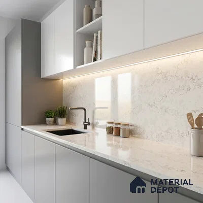 Belina Quartz QR 00282 Calacatta Belluno Grey Helsinki Series 10.5 ft x 5.35 ft Quartz - 20 mm | 10 Years and Replacement Warranty | Suitable for Kitchen, Restaurant, Counter Tops, Dining, Reception, office
