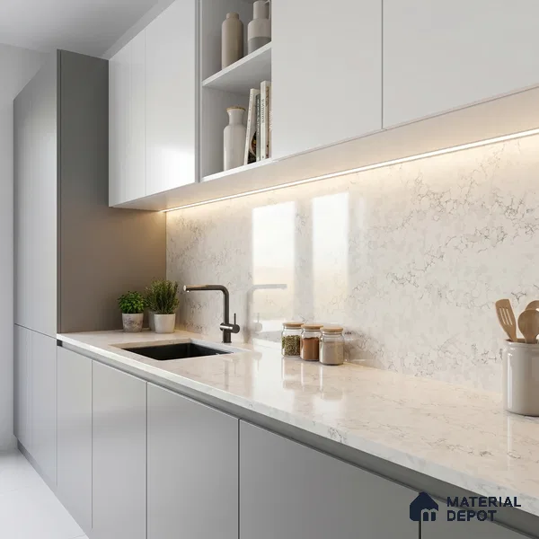 Belina Quartz QR 00282 Calacatta Belluno Grey Helsinki Series 10.5 ft x 5.35 ft Quartz - 20 mm | 10 Years and Replacement Warranty | Suitable for Kitchen, Restaurant, Counter Tops, Dining, Reception, office