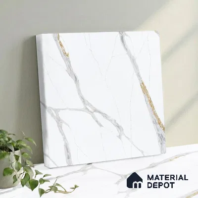 Belina Quartz QR 00283 Calacatta Luminara Helsinki Series 10.5 ft x 5.35 ft Quartz - 20 mm | 10 Years and Replacement Warranty | Suitable for Kitchen, Restaurant, Counter Tops, Dining, Reception, office