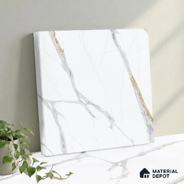Belina Quartz QR 00283 Calacatta Luminara Helsinki Series 10.5 ft x 5.35 ft Quartz - 20 mm | 10 Years and Replacement Warranty | Suitable for Kitchen, Restaurant, Counter Tops, Dining, Reception, office