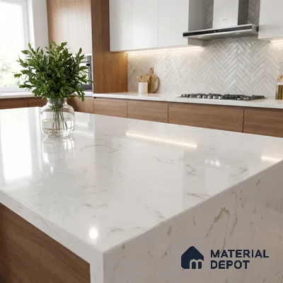 Belina Quartz QR 00285 Carrara Tioli White Helsinki Series 10.5 ft x 5.35 ft Quartz - 20 mm | 10 Years and Replacement Warranty | Suitable for Kitchen, Restaurant, Counter Tops, Dining, Reception, office