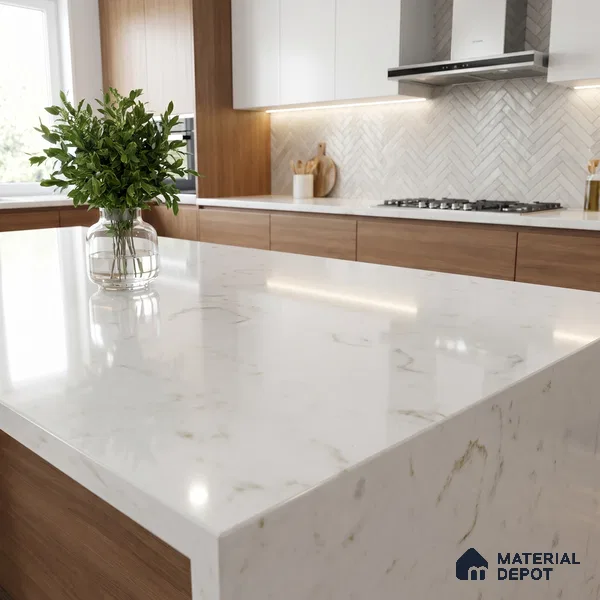 Belina Quartz QR 00285 Carrara Tioli White Helsinki Series 10.5 ft x 5.35 ft Quartz - 20 mm | 10 Years and Replacement Warranty | Suitable for Kitchen, Restaurant, Counter Tops, Dining, Reception, office