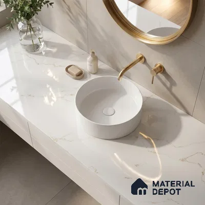 Belina Quartz QR 00287 B Calacatta Solaro Gold Helsinki Series 10.5 ft x 2.67 ft Quartz - 20 mm | 10 Years and Replacement Warranty | Suitable for Kitchen, Restaurant, Counter Tops, Dining, Reception, office