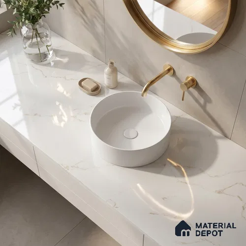 Belina Quartz QR 00287 B Calacatta Solaro Gold Helsinki Series 10.5 ft x 2.67 ft Quartz - 20 mm | 10 Years and Replacement Warranty | Suitable for Kitchen, Restaurant, Counter Tops, Dining, Reception, office