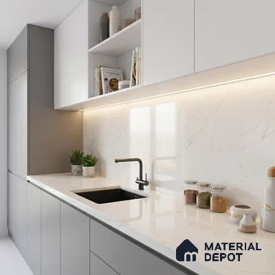 Belina Quartz QR 00287 B Calacatta Solaro Gold Helsinki Series 10.5 ft x 2.67 ft Quartz - 20 mm | 10 Years and Replacement Warranty | Suitable for Kitchen, Restaurant, Counter Tops, Dining, Reception, office