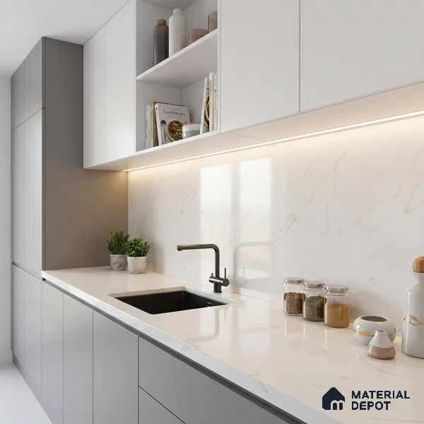 Belina Quartz QR 00287 B Calacatta Solaro Gold Helsinki Series 10.5 ft x 2.67 ft Quartz - 20 mm | 10 Years and Replacement Warranty | Suitable for Kitchen, Restaurant, Counter Tops, Dining, Reception, office