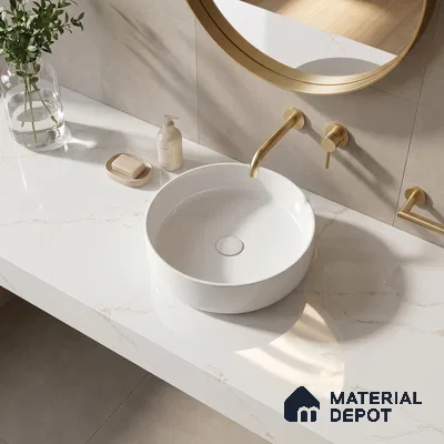 Belina Quartz QR 00287 Calacatta Solaro Gold Helsinki Series 10.5 ft x 5.35 ft Quartz - 20 mm | 10 Years and Replacement Warranty | Suitable for Kitchen, Restaurant, Counter Tops, Dining, Reception, office