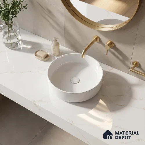 Belina Quartz QR 00287 Calacatta Solaro Gold Helsinki Series 10.5 ft x 5.35 ft Quartz - 20 mm | 10 Years and Replacement Warranty | Suitable for Kitchen, Restaurant, Counter Tops, Dining, Reception, office