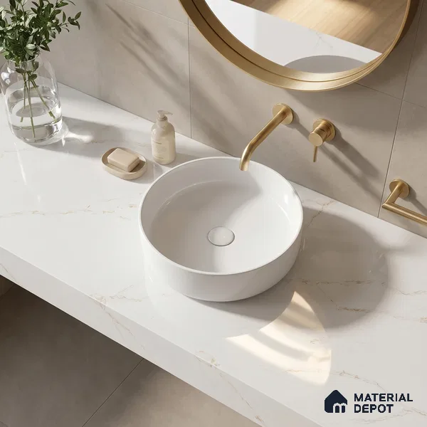 Belina Quartz QR 00287 Calacatta Solaro Gold Helsinki Series 10.5 ft x 5.35 ft Quartz - 20 mm | 10 Years and Replacement Warranty | Suitable for Kitchen, Restaurant, Counter Tops, Dining, Reception, office