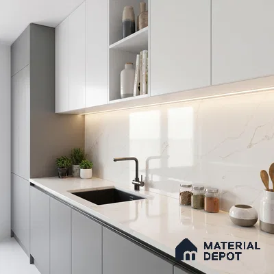 Belina Quartz QR 00287 Calacatta Solaro Gold Helsinki Series 10.5 ft x 5.35 ft Quartz - 20 mm | 10 Years and Replacement Warranty | Suitable for Kitchen, Restaurant, Counter Tops, Dining, Reception, office