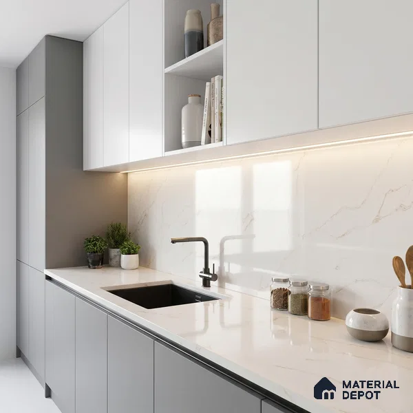 Belina Quartz QR 00287 Calacatta Solaro Gold Helsinki Series 10.5 ft x 5.35 ft Quartz - 20 mm | 10 Years and Replacement Warranty | Suitable for Kitchen, Restaurant, Counter Tops, Dining, Reception, office