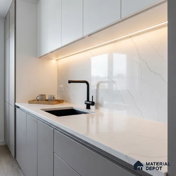 Belina Quartz QR 00288 Calacatta Arctic Helsinki Series 10.5 ft x 5.35 ft Quartz - 20 mm | 10 Years and Replacement Warranty | Suitable for Kitchen, Restaurant, Counter Tops, Dining, Reception, office