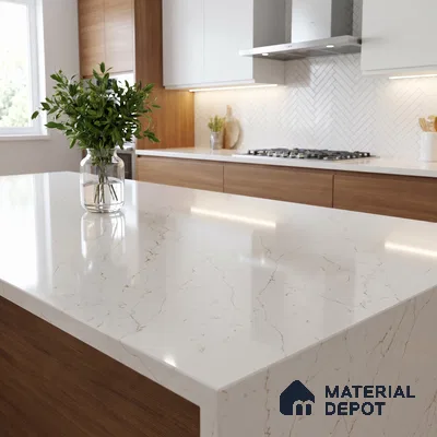 Belina Quartz QR 00289 Calacatta Rustic Brown Helsinki Series 10.5 ft x 5.35 ft Quartz - 20 mm | 10 Years and Replacement Warranty | Suitable for Kitchen, Restaurant, Counter Tops, Dining, Reception, office