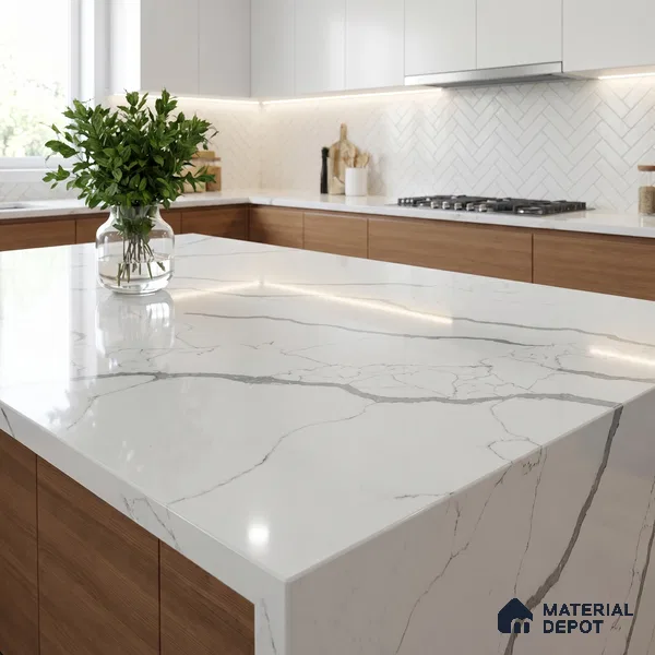 Belina Quartz QR 00290 Calacatta Firenze Helsinki Series 10.5 ft x 5.35 ft Quartz - 20 mm | 10 Years and Replacement Warranty | Suitable for Kitchen, Restaurant, Counter Tops, Dining, Reception, office