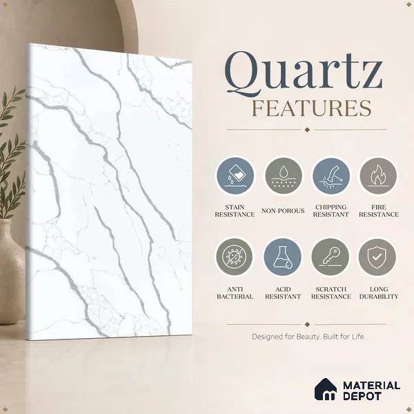 Belina Quartz QR 00290 Calacatta Firenze Helsinki Series 10.5 ft x 5.35 ft Quartz - 20 mm | 10 Years and Replacement Warranty | Suitable for Kitchen, Restaurant, Counter Tops, Dining, Reception, office