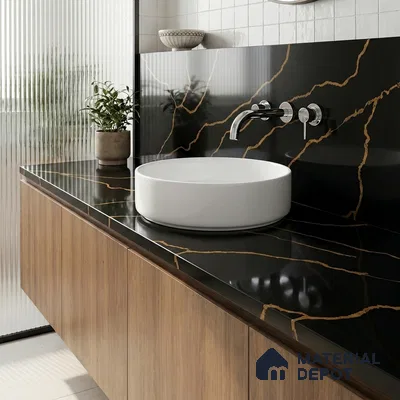 Belina Quartz QR 00291 Calacatta Golden Satwario Helsinki Series 10.5 ft x 5.35 ft Quartz - 20 mm | 10 Years and Replacement Warranty | Suitable for Kitchen, Restaurant, Counter Tops, Dining, Reception, office