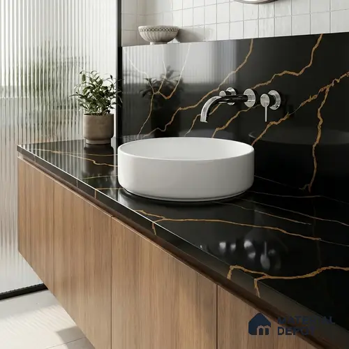 Belina Quartz QR 00291 Calacatta Golden Satwario Helsinki Series 10.5 ft x 5.35 ft Quartz - 20 mm | 10 Years and Replacement Warranty | Suitable for Kitchen, Restaurant, Counter Tops, Dining, Reception, office