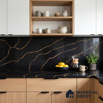 Belina Quartz QR 00291 Calacatta Golden Satwario Helsinki Series 10.5 ft x 5.35 ft Quartz - 20 mm | 10 Years and Replacement Warranty | Suitable for Kitchen, Restaurant, Counter Tops, Dining, Reception, office