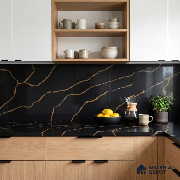 Belina Quartz QR 00291 Calacatta Golden Satwario Helsinki Series 10.5 ft x 5.35 ft Quartz - 20 mm | 10 Years and Replacement Warranty | Suitable for Kitchen, Restaurant, Counter Tops, Dining, Reception, office
