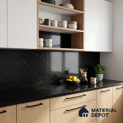 Belina Quartz QR 00292 Calacatta Black Modena Helsinki Series 10.5 ft x 5.35 ft Quartz - 20 mm | 10 Years and Replacement Warranty | Suitable for Kitchen, Restaurant, Counter Tops, Dining, Reception, office