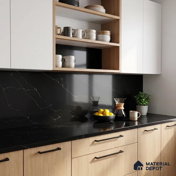 Belina Quartz QR 00292 Calacatta Black Modena Helsinki Series 10.5 ft x 5.35 ft Quartz - 20 mm | 10 Years and Replacement Warranty | Suitable for Kitchen, Restaurant, Counter Tops, Dining, Reception, office