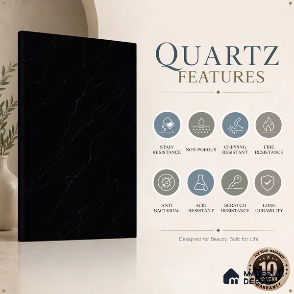 Belina Quartz QR 00292 Calacatta Black Modena Helsinki Series 10.5 ft x 5.35 ft Quartz - 20 mm | 10 Years and Replacement Warranty | Suitable for Kitchen, Restaurant, Counter Tops, Dining, Reception, office