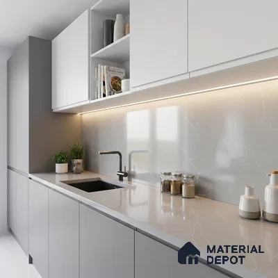 Belina Quartz QR 00293 Calacatta Grey Veneto Helsinki Series 10.5 ft x 5.35 ft Quartz - 20 mm | 10 Years and Replacement Warranty | Suitable for Kitchen, Restaurant, Counter Tops, Dining, Reception, office