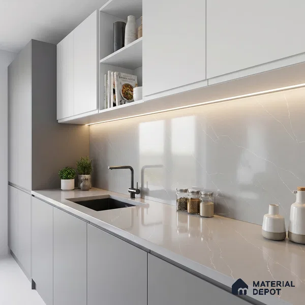 Belina Quartz QR 00293 Calacatta Grey Veneto Helsinki Series 10.5 ft x 5.35 ft Quartz - 20 mm | 10 Years and Replacement Warranty | Suitable for Kitchen, Restaurant, Counter Tops, Dining, Reception, office