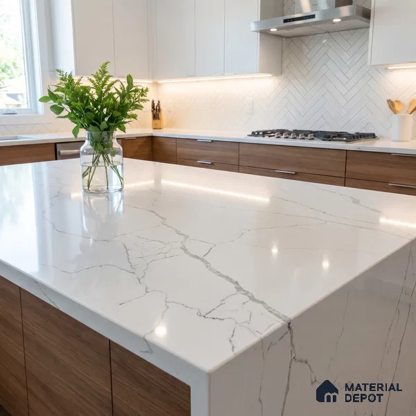 Belina Quartz QR 00294 Calacatta White Crystal Helsinki Series 10.5 ft x 5.35 ft Quartz - 20 mm | 10 Years and Replacement Warranty | Suitable for Kitchen, Restaurant, Counter Tops, Dining, Reception, office