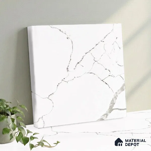 Belina Quartz QR 00294 Calacatta White Crystal Helsinki Series 10.5 ft x 5.35 ft Quartz - 20 mm | 10 Years and Replacement Warranty | Suitable for Kitchen, Restaurant, Counter Tops, Dining, Reception, office