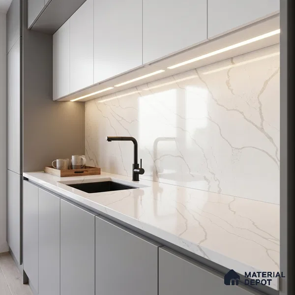 Belina Quartz QR 00295 Calacatta Rustic Umber Helsinki Series 10.5 ft x 5.35 ft Quartz - 20 mm | 10 Years and Replacement Warranty | Suitable for Kitchen, Restaurant, Counter Tops, Dining, Reception, office