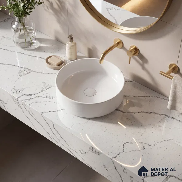 Belina Quartz QR 00296 Calacatta Marina Verona Helsinki Series 10.5 ft x 5.35 ft Quartz - 20 mm | 10 Years and Replacement Warranty | Suitable for Kitchen, Restaurant, Counter Tops, Dining, Reception, office