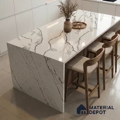 Belina Quartz QR 00296 Calacatta Marina Verona Helsinki Series 10.5 ft x 5.35 ft Quartz - 20 mm | 10 Years and Replacement Warranty | Suitable for Kitchen, Restaurant, Counter Tops, Dining, Reception, office