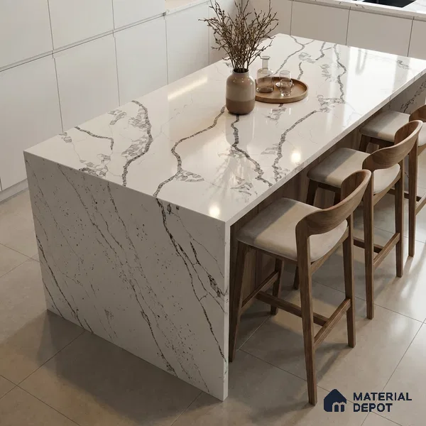 Belina Quartz QR 00296 Calacatta Marina Verona Helsinki Series 10.5 ft x 5.35 ft Quartz - 20 mm | 10 Years and Replacement Warranty | Suitable for Kitchen, Restaurant, Counter Tops, Dining, Reception, office