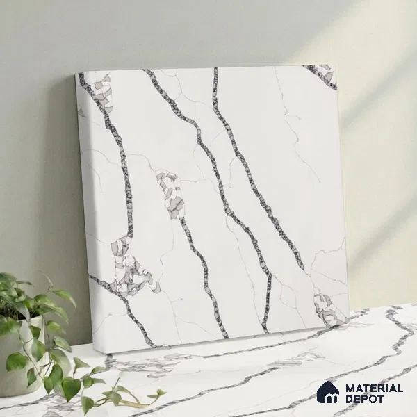 Belina Quartz QR 00296 Calacatta Marina Verona Helsinki Series 10.5 ft x 5.35 ft Quartz - 20 mm | 10 Years and Replacement Warranty | Suitable for Kitchen, Restaurant, Counter Tops, Dining, Reception, office