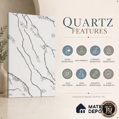 Belina Quartz QR 00296 Calacatta Marina Verona Helsinki Series 10.5 ft x 5.35 ft Quartz - 20 mm | 10 Years and Replacement Warranty | Suitable for Kitchen, Restaurant, Counter Tops, Dining, Reception, office