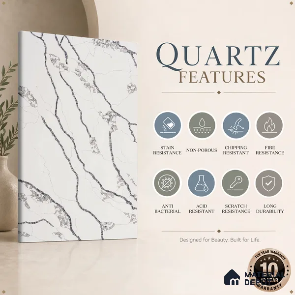 Belina Quartz QR 00296 Calacatta Marina Verona Helsinki Series 10.5 ft x 5.35 ft Quartz - 20 mm | 10 Years and Replacement Warranty | Suitable for Kitchen, Restaurant, Counter Tops, Dining, Reception, office