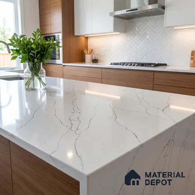 Belina Quartz QR 00297 Calacatta White Pearl Helsinki Series 10.5 ft x 5.35 ft Quartz - 20 mm | 10 Years and Replacement Warranty | Suitable for Kitchen, Restaurant, Counter Tops, Dining, Reception, office