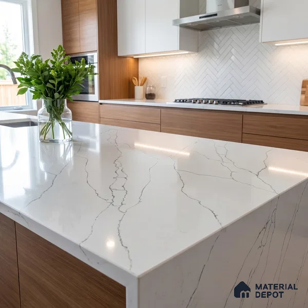 Belina Quartz QR 00297 Calacatta White Pearl Helsinki Series 10.5 ft x 5.35 ft Quartz - 20 mm | 10 Years and Replacement Warranty | Suitable for Kitchen, Restaurant, Counter Tops, Dining, Reception, office
