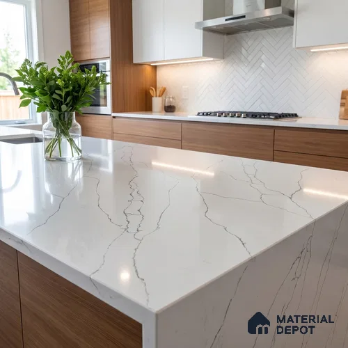 Belina Quartz QR 00297 Calacatta White Pearl Helsinki Series 10.5 ft x 5.35 ft Quartz - 20 mm | 10 Years and Replacement Warranty | Suitable for Kitchen, Restaurant, Counter Tops, Dining, Reception, office