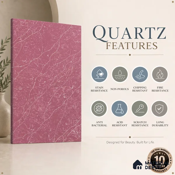 Belina Quartz QR 00299 Onyx Pink Rosella Helsinki Series 10.5 ft x 5.35 ft Quartz - 20 mm | 10 Years and Replacement Warranty | Suitable for Kitchen, Restaurant, Counter Tops, Dining, Reception, office