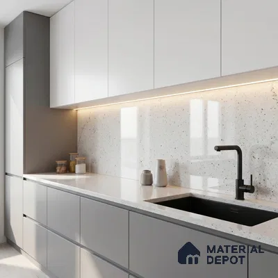 Belina Quartz QR 00309 B White Celestia Helsinki Series 10.5 ft x 2.79 ft Quartz - 20 mm | 10 Years and Replacement Warranty | Suitable for Kitchen, Restaurant, Counter Tops, Dining, Reception, office